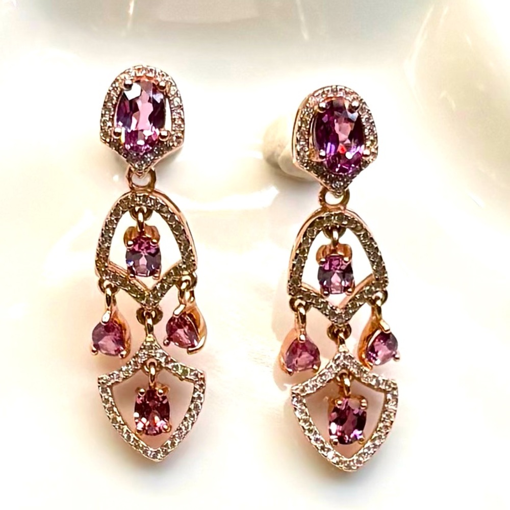 EG11 3.1CT Natural LILAC Garnet (Rhodolite) Chandelier Earrings 18KRoseGold S925